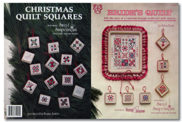 Book Bride’s Quilt tells the story of a courtship through traditional quilt patterns that are cross-stitched. The squares can also be stitched individually and placed in Square Sweet Suspensions frames as ornaments